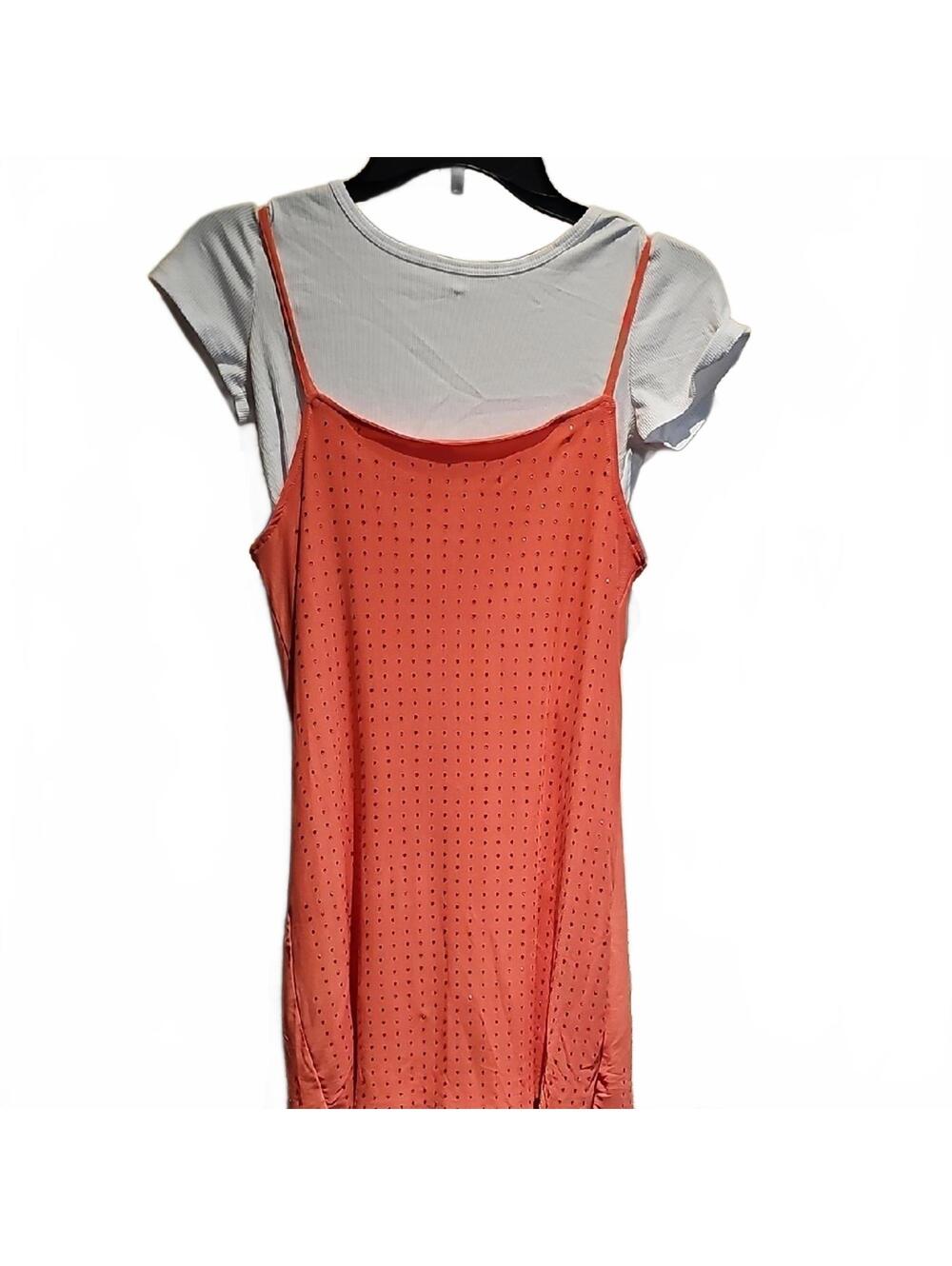 Casual Coral Sparkle Overlay With White Shirt Dress